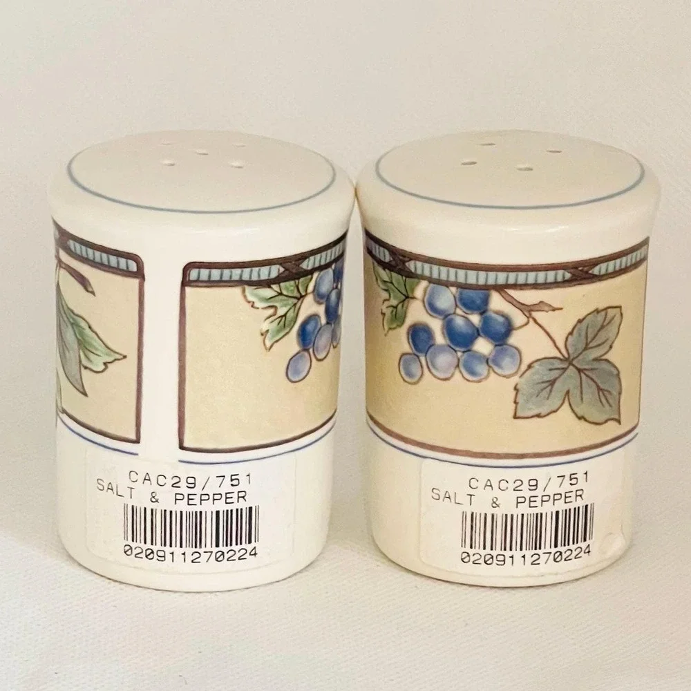 Mikasa Garden Harvest Intaglio Salt & Pepper Shakers NWT CAC29 Fruit Pattern